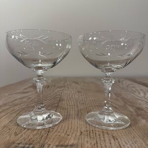 25th Vintage Etched Coupe Glasses Set of 2 Anniversary Birthday Celebration